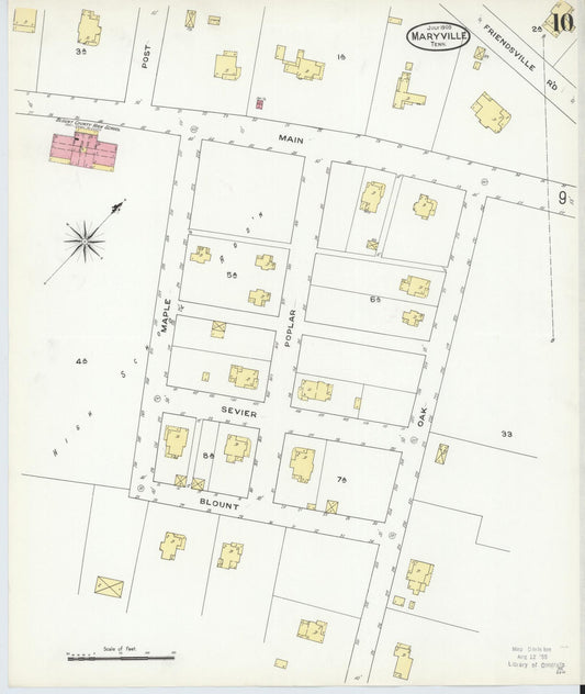 Sanborn Fire Insurance Map from Maryville, Blount County, Tennessee (1909), Sheet #0010 - Historic Sanborn Fire Insurance Map Print, vintage old map wall art, antique decor, genealogy gift, Tennessee Tennessee map