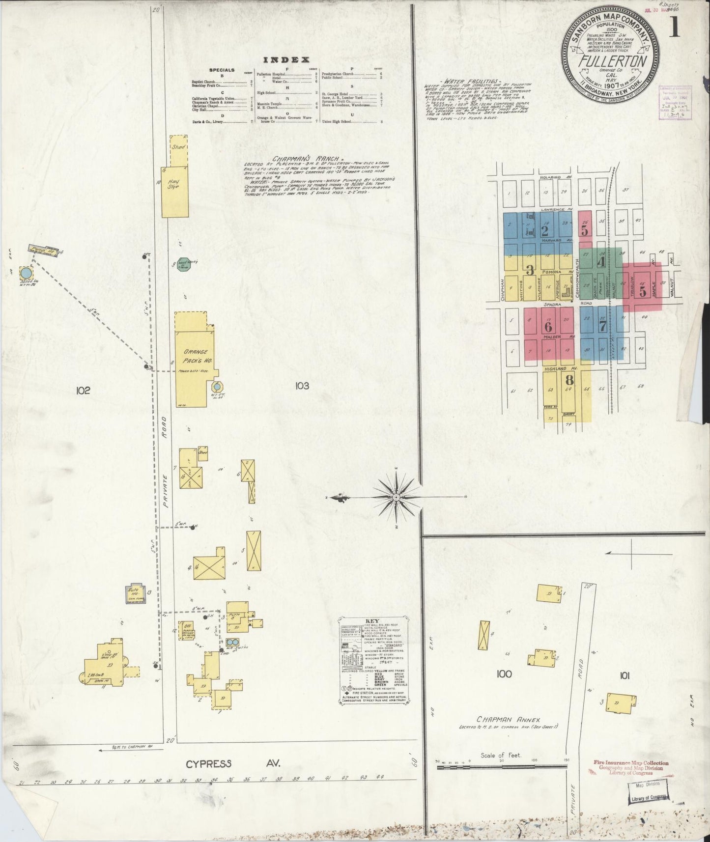 Sanborn Fire Insurance Map from Fullerton, Orange County, California (1907), Sheet #0001 - Historic Sanborn Fire Insurance Map Print, vintage old map wall art, antique decor, genealogy gift, California California map