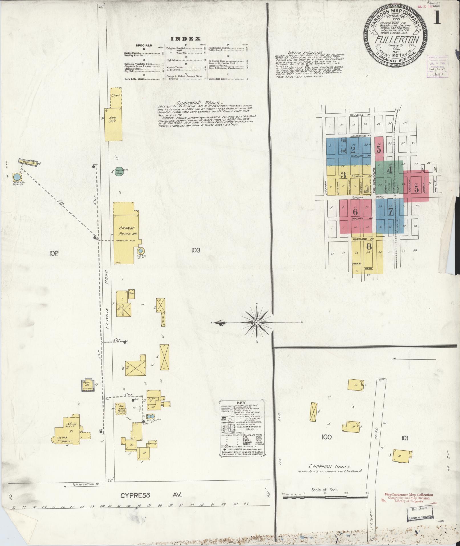 Sanborn Fire Insurance Map from Fullerton, Orange County, California (1907), Sheet #0001 - Historic Sanborn Fire Insurance Map Print, vintage old map wall art, antique decor, genealogy gift, California California map