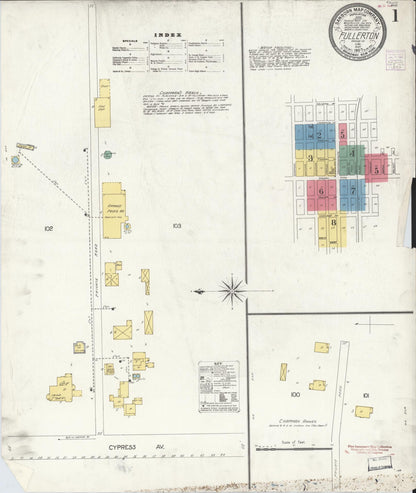 Sanborn Fire Insurance Map from Fullerton, Orange County, California (1907), Sheet #0001 - Historic Sanborn Fire Insurance Map Print, vintage old map wall art, antique decor, genealogy gift, California California map