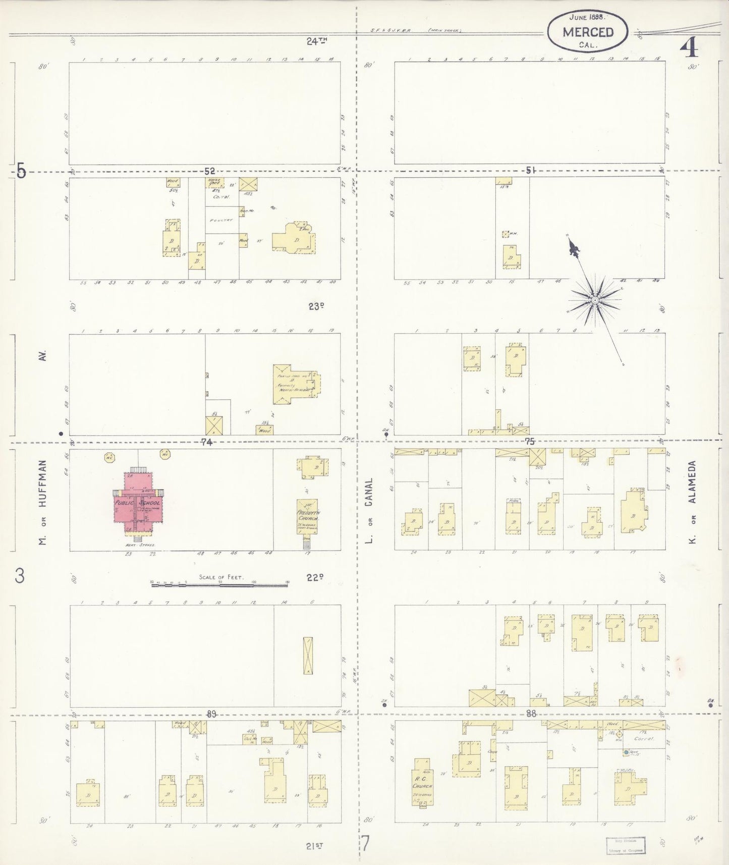 Sanborn Fire Insurance Map from Merced, Merced County, California (1898), Sheet #0004 - Historic Sanborn Fire Insurance Map Print, vintage old map wall art, antique decor, genealogy gift, California California map