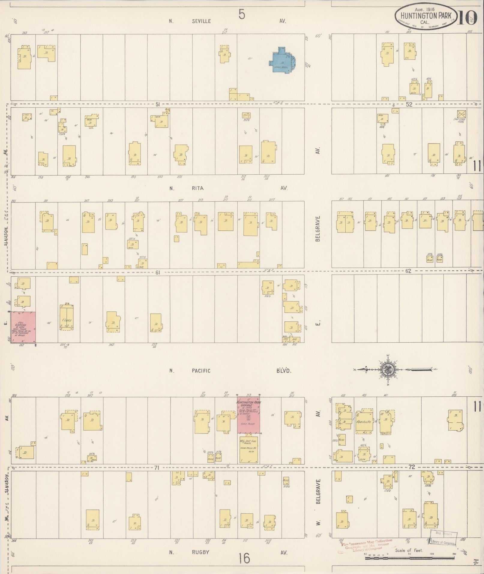 Sanborn Fire Insurance Map from Huntington Park, Los Angeles County, California (1916), Sheet #0010 - Historic Sanborn Fire Insurance Map Print, vintage old map wall art, antique decor, genealogy gift, California California map