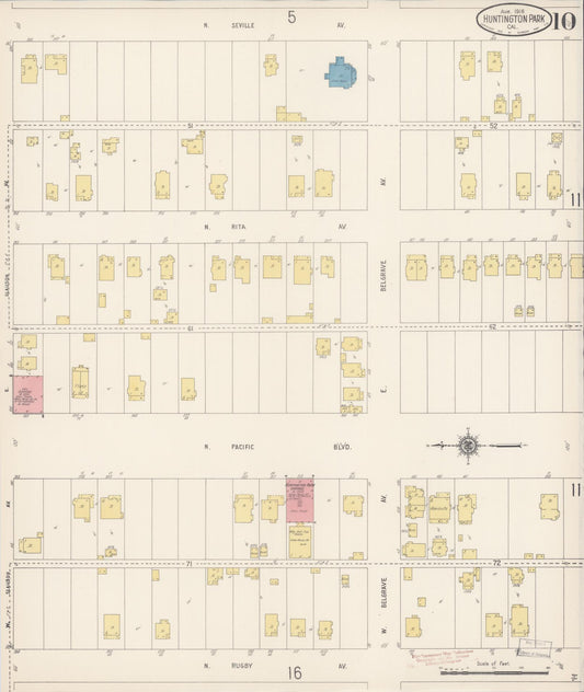 Sanborn Fire Insurance Map from Huntington Park, Los Angeles County, California (1916), Sheet #0010 - Historic Sanborn Fire Insurance Map Print, vintage old map wall art, antique decor, genealogy gift, California California map