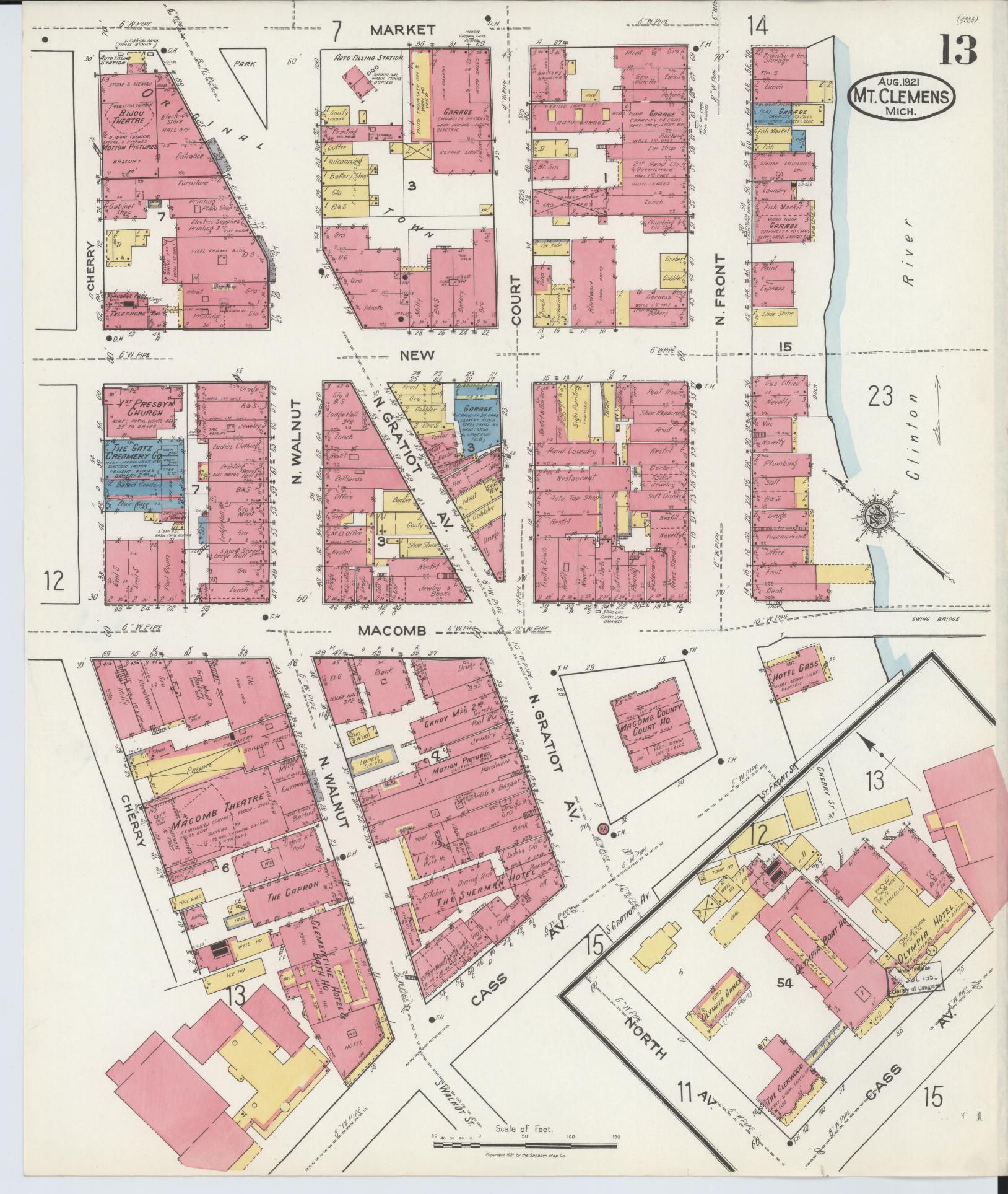 Sanborn Fire Insurance Map from Mount Clemens, Macomb County, Michigan (1921), Sheet #0013 - Complete Map Set gallery image, historic Sanborn map, vintage wall art, Michigan Michigan