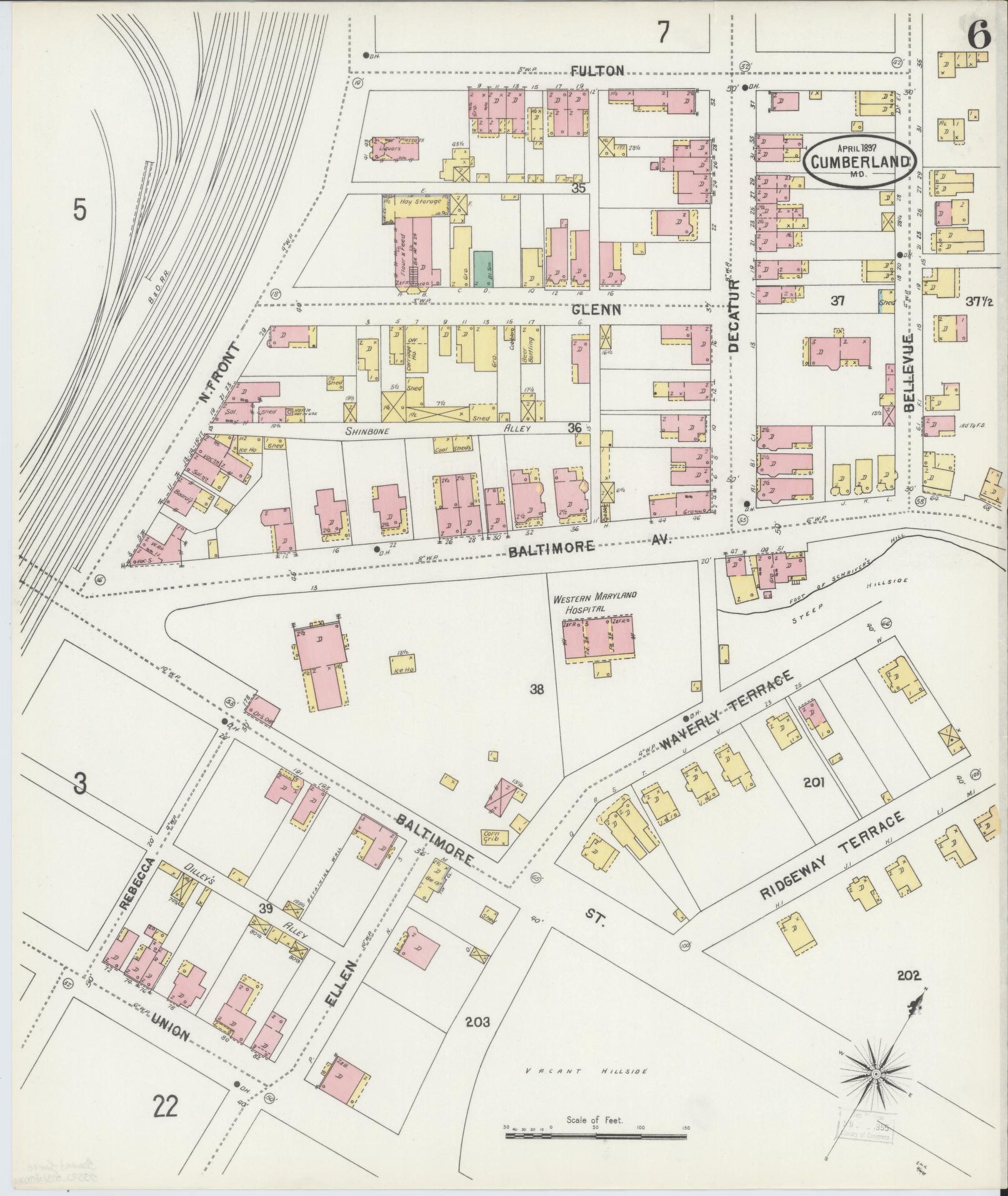 Sanborn Fire Insurance Map from Cumberland, Allegany County, Maryland (1897), Sheet #0006 - Historic Sanborn Fire Insurance Map Print, vintage old map wall art, antique decor, genealogy gift, Maryland Maryland map