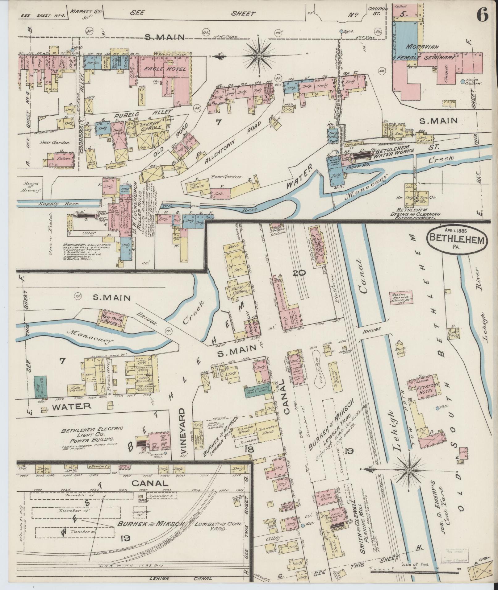 Sanborn Fire Insurance Map from Bethlehem, Northampton And Lehigh Counties, Pennsylvania (1885), Sheet #0006 - Historic Sanborn Fire Insurance Map Print, vintage old map wall art, antique decor, genealogy gift, Pennsylvania Pennsylvania map