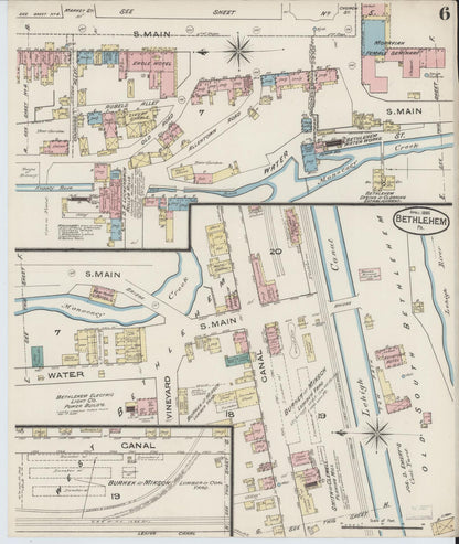 Sanborn Fire Insurance Map from Bethlehem, Northampton And Lehigh Counties, Pennsylvania (1885), Sheet #0006 - Historic Sanborn Fire Insurance Map Print, vintage old map wall art, antique decor, genealogy gift, Pennsylvania Pennsylvania map