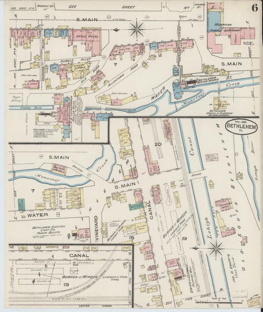 Sanborn Fire Insurance Map from Bethlehem, Northampton And Lehigh Counties, Pennsylvania (1885), Sheet #0006 - Historic Sanborn Fire Insurance Map Print, vintage old map wall art, antique decor, genealogy gift, Pennsylvania Pennsylvania map