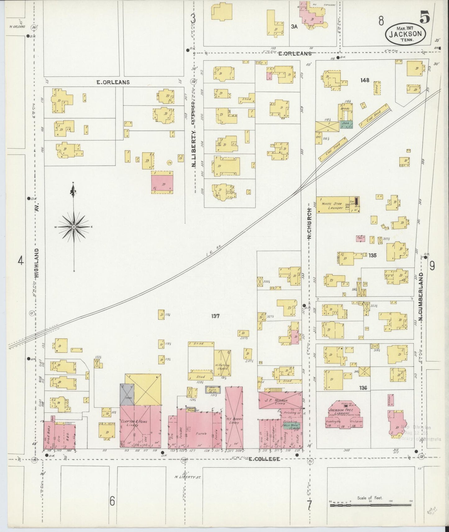 Sanborn Fire Insurance Map from Jackson, Madison County, Tennessee (1907), Sheet #0005 - Complete Map Set gallery image, historic Sanborn map, vintage wall art, Tennessee Tennessee