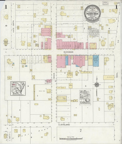 Sanborn Fire Insurance Map from Prairie Grove, Washington County, Arkansas (1924), Sheet #0001 - Complete Map Set gallery image, historic Sanborn map, vintage wall art, Arkansas Arkansas