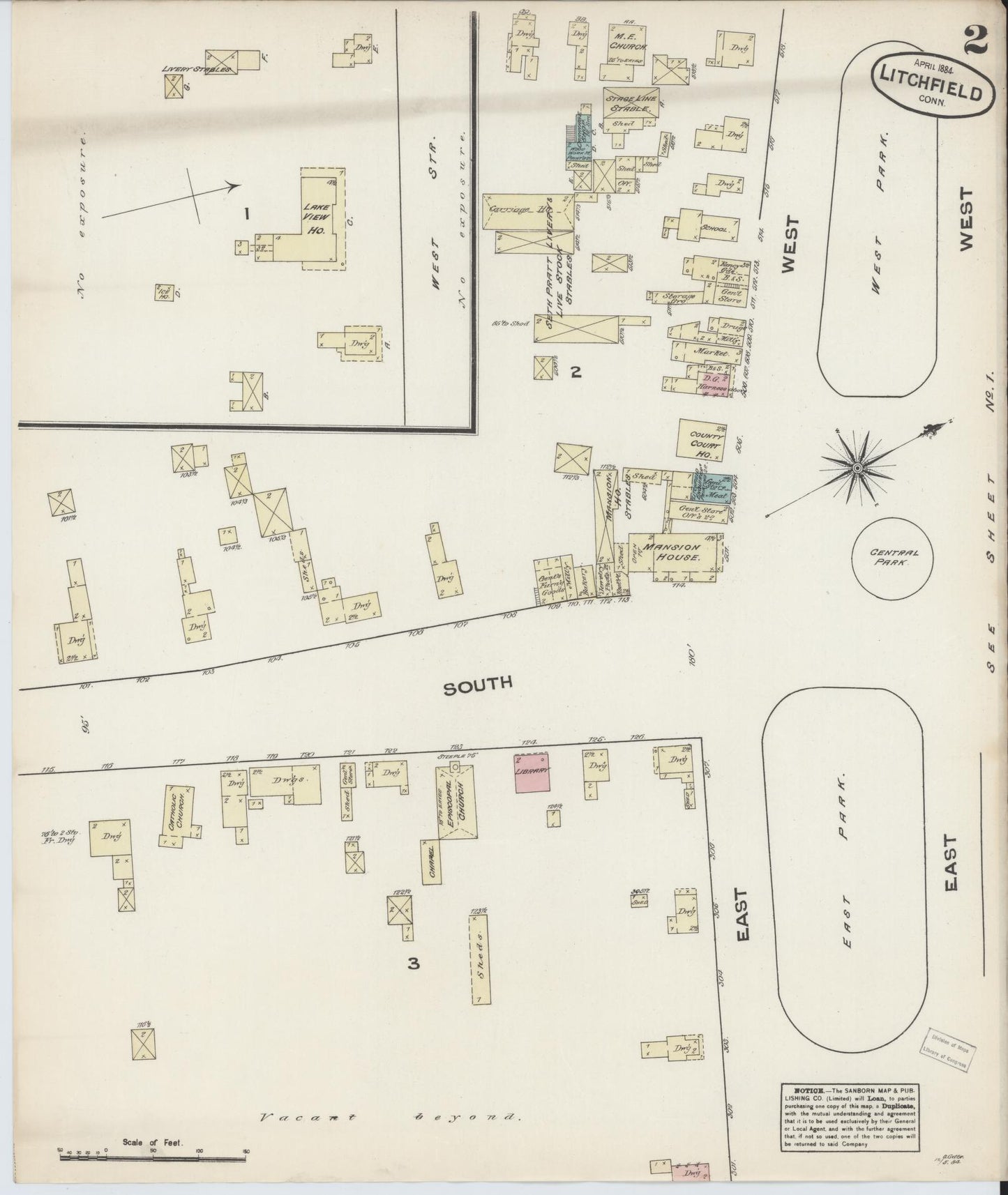 Sanborn Fire Insurance Map from Litchfield, Litchfield County, Connecticut (1884), Sheet #0002 - Complete Map Set gallery image, historic Sanborn map, vintage wall art, Connecticut Connecticut