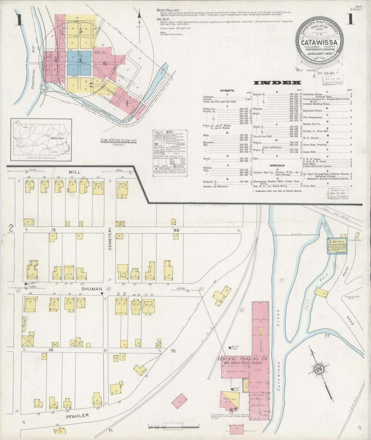 Sanborn Fire Insurance Map from Catawissa, Columbia County, Pennsylvania (1930), Sheet #0001 - Historic Sanborn Fire Insurance Map Print, vintage old map wall art, antique decor, genealogy gift, Pennsylvania Pennsylvania map