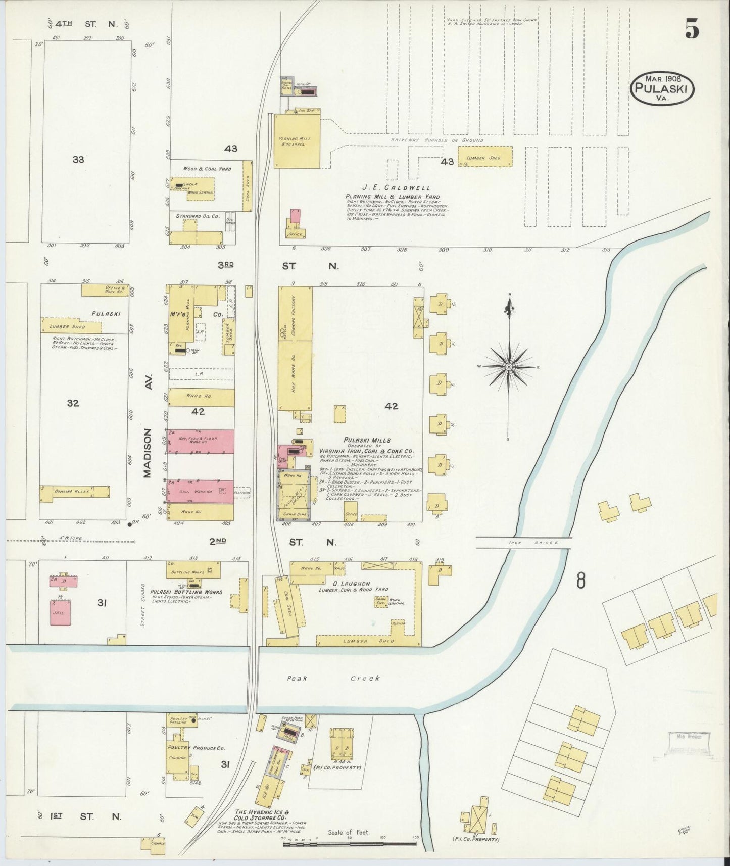 Sanborn Fire Insurance Map from Pulaski, Pulaski County, Virginia (1908), Sheet #0005 - Complete Map Set gallery image, historic Sanborn map, vintage wall art, Virginia Virginia
