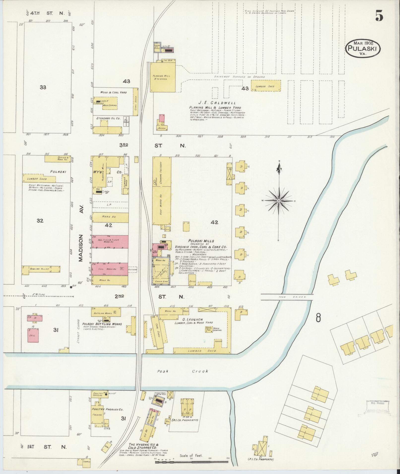 Sanborn Fire Insurance Map from Pulaski, Pulaski County, Virginia (1908), Sheet #0005 - Complete Map Set gallery image, historic Sanborn map, vintage wall art, Virginia Virginia