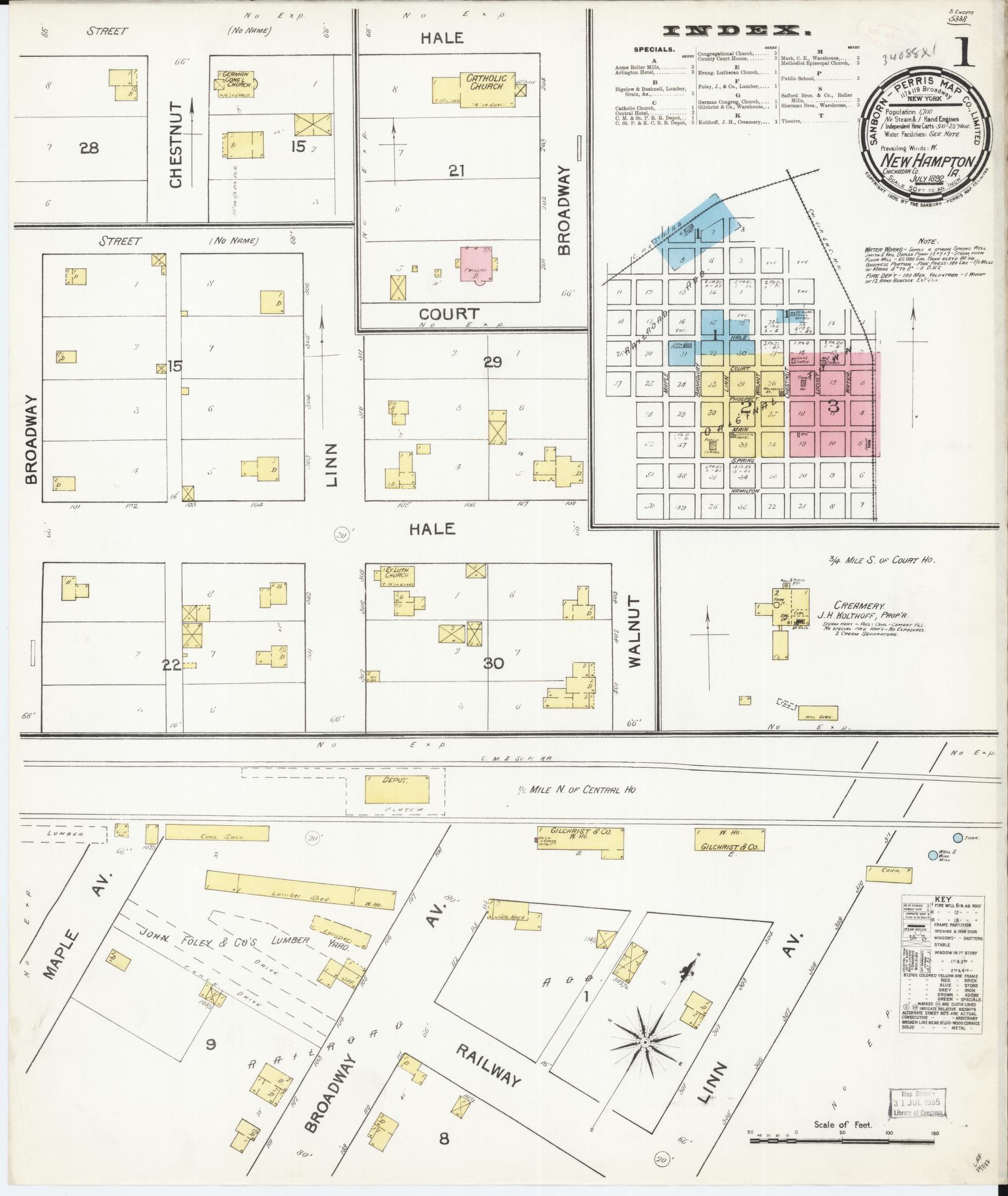 Sanborn Fire Insurance Map from New Hampton, Chickasaw County, Iowa (1892), Sheet #0001 - Historic Sanborn Fire Insurance Map Print
