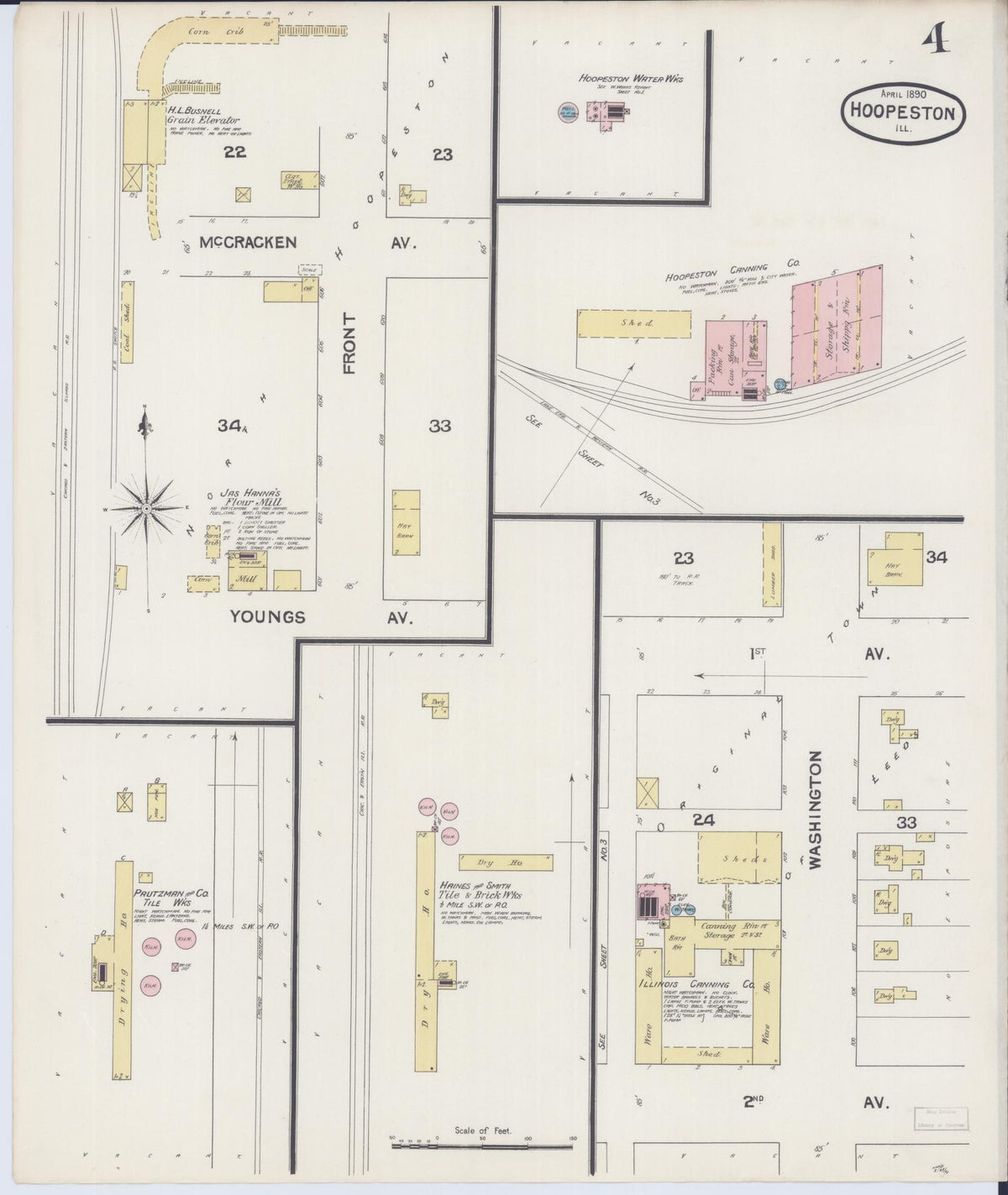 Sanborn Fire Insurance Map from Hoopeston, Vermilion County, Illinois (1890), Sheet #0004 - Complete Map Set gallery image, historic Sanborn map, vintage wall art, Illinois Illinois