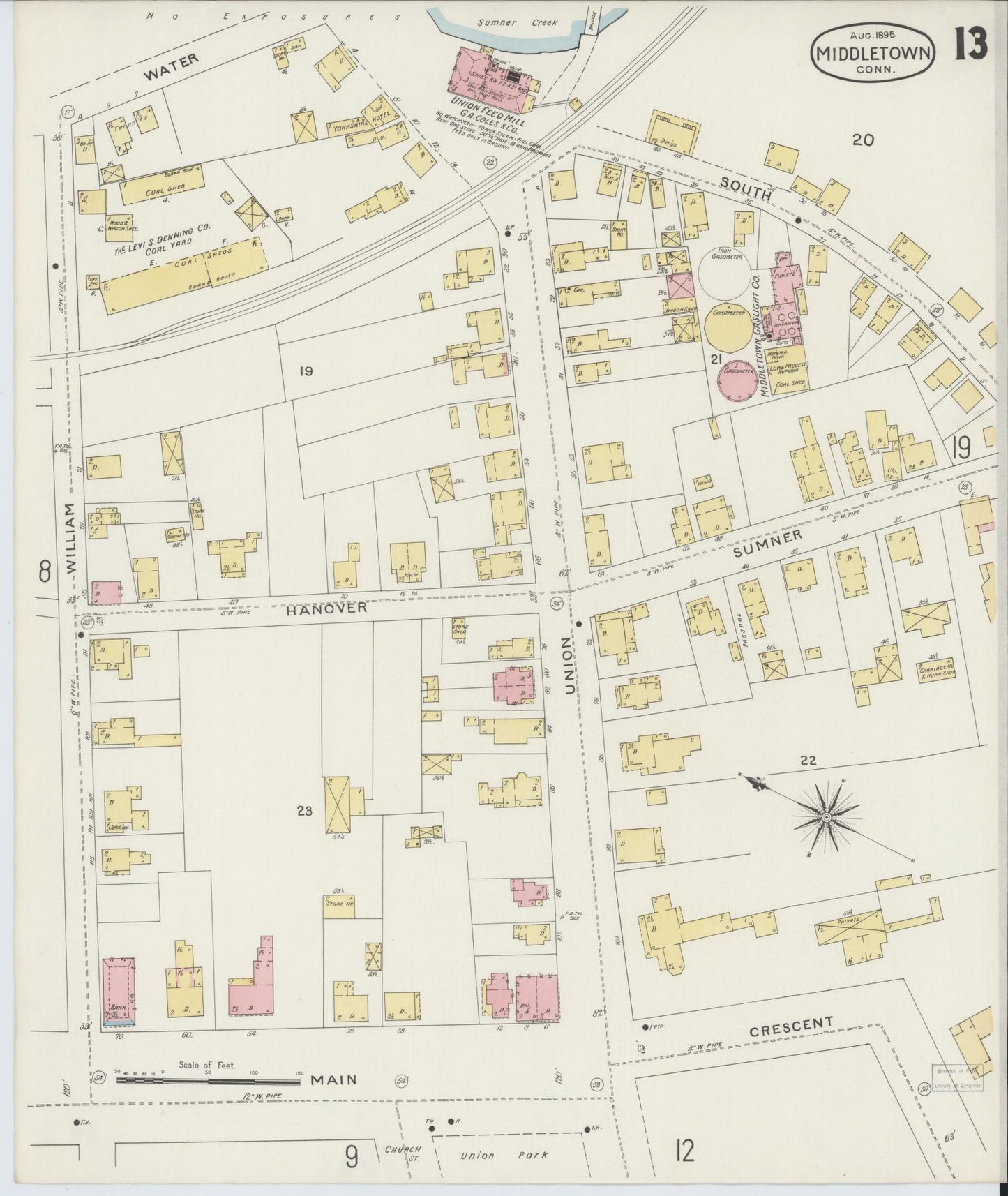 Sanborn Fire Insurance Map from Middletown, Middlesex County, Connecticut (1895), Sheet #0013 - Complete Map Set gallery image, historic Sanborn map, vintage wall art, Connecticut Connecticut