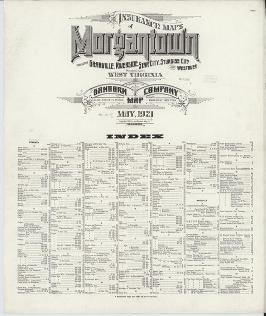 Sanborn Fire Insurance Map from Morgantown, Monongalia County, West Virginia (1921), Sheet #0001 - Historic Sanborn Fire Insurance Map Print, vintage old map wall art, antique decor, genealogy gift, West Virginia West Virginia map
