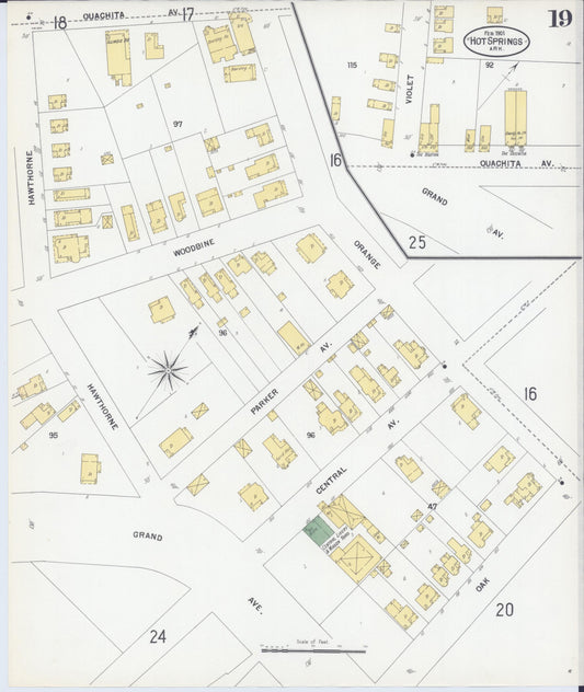 Sanborn Fire Insurance Map from Hot Springs, Garland County, Arkansas (1901), Sheet #0019 - Historic Sanborn Fire Insurance Map Print, vintage old map wall art, antique decor, genealogy gift, Arkansas Arkansas map