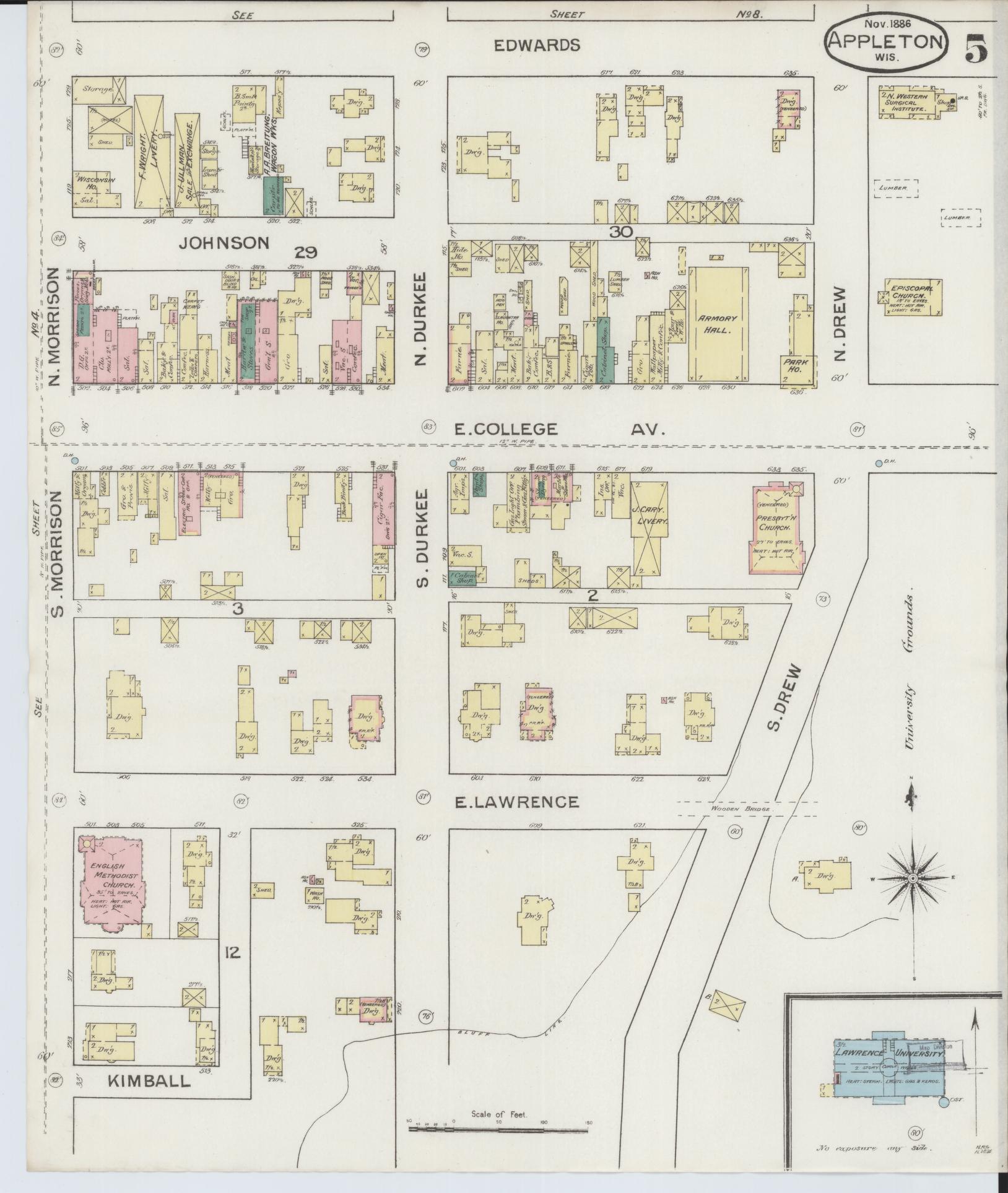 Sanborn Fire Insurance Map from Appleton, Outagamie County, Wisconsin (1886), Sheet #0005 - Complete Map Set gallery image, historic Sanborn map, vintage wall art, Wisconsin Wisconsin
