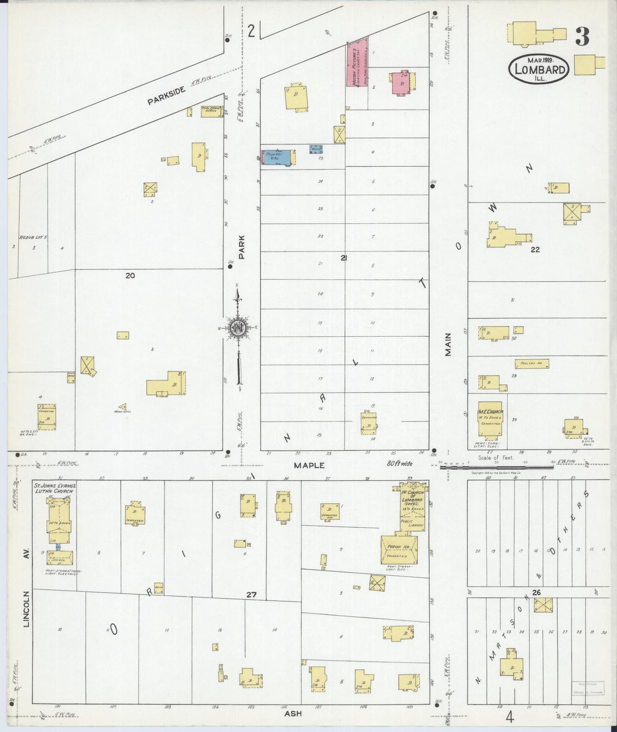 Sanborn Fire Insurance Map from Lombard, Du Page County, Illinois (1919), Sheet #0003 - Historic Sanborn Fire Insurance Map Print, vintage old map wall art, antique decor, genealogy gift, Illinois Illinois map