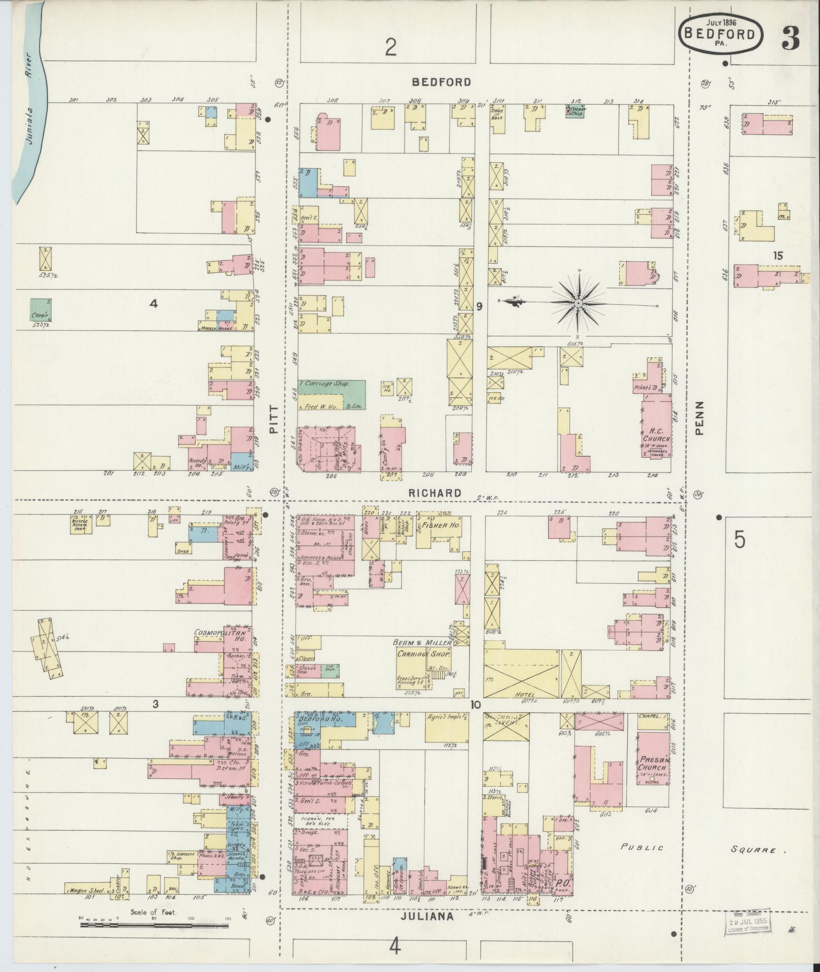 Sanborn Fire Insurance Map from Bedford, Bedford County, Pennsylvania (1896), Sheet #0003 - Historic Sanborn Fire Insurance Map Print, vintage old map wall art, antique decor, genealogy gift, Pennsylvania Pennsylvania map