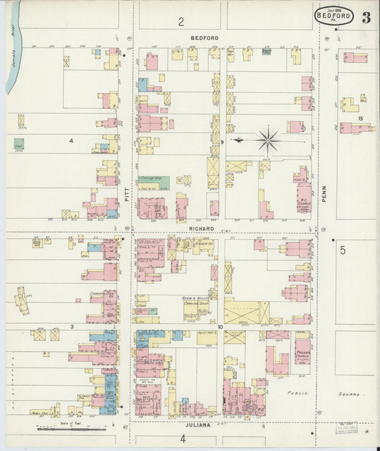 Sanborn Fire Insurance Map from Bedford, Bedford County, Pennsylvania (1896), Sheet #0003 - Historic Sanborn Fire Insurance Map Print, vintage old map wall art, antique decor, genealogy gift, Pennsylvania Pennsylvania map
