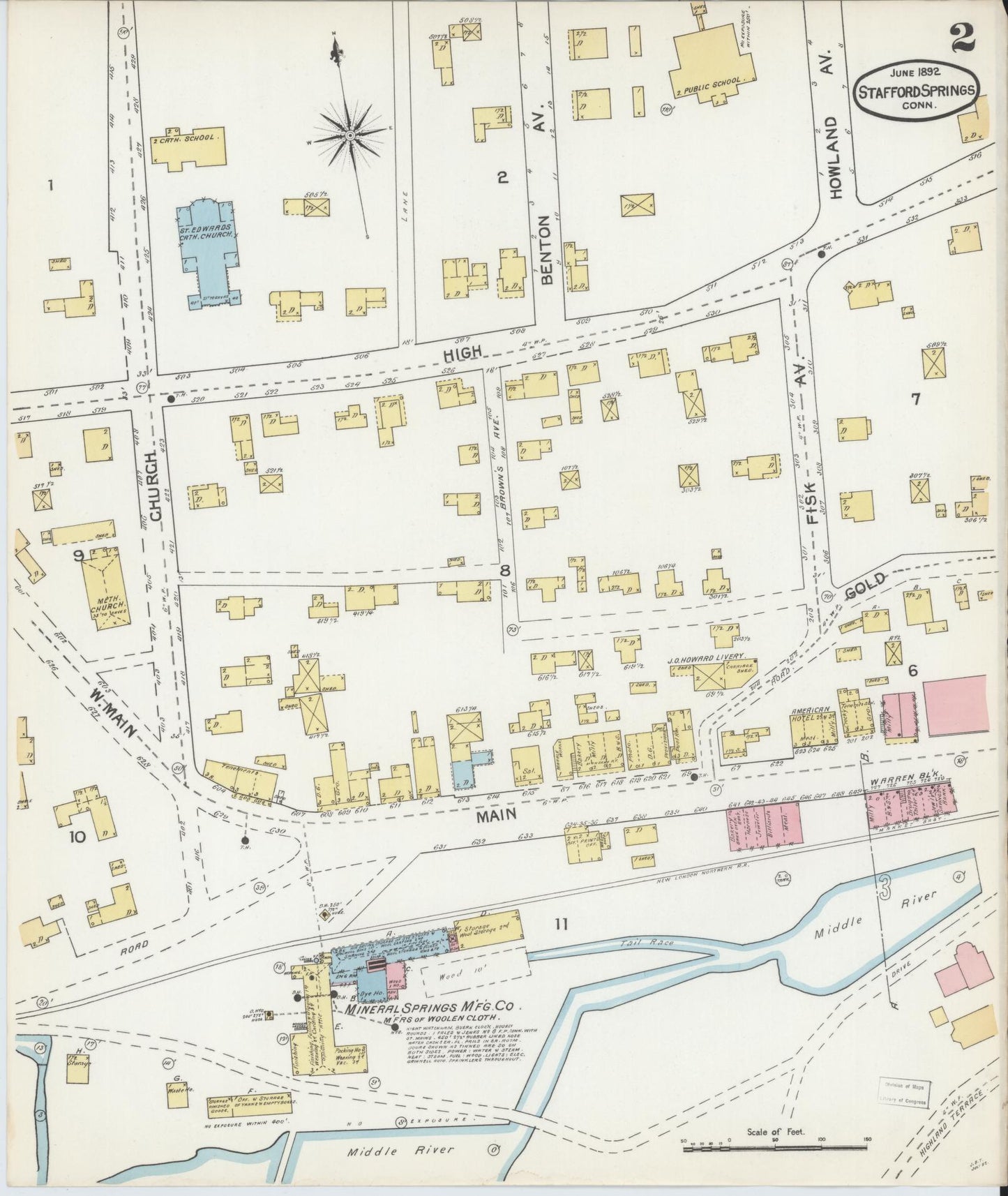 Sanborn Fire Insurance Map from Stafford Springs, Tolland County, Connecticut (1892), Sheet #0002 - Complete Map Set gallery image, historic Sanborn map, vintage wall art, Connecticut Connecticut