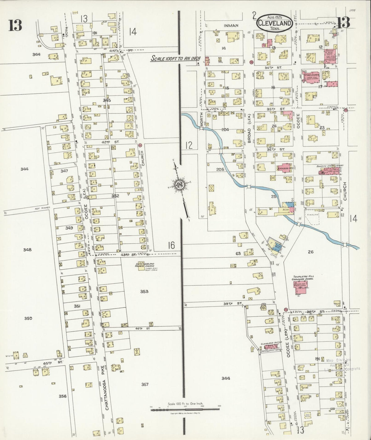 Sanborn Fire Insurance Map from Cleveland, Bradley County, Tennessee (1925), Sheet #0013 - Complete Map Set gallery image, historic Sanborn map, vintage wall art, Tennessee Tennessee
