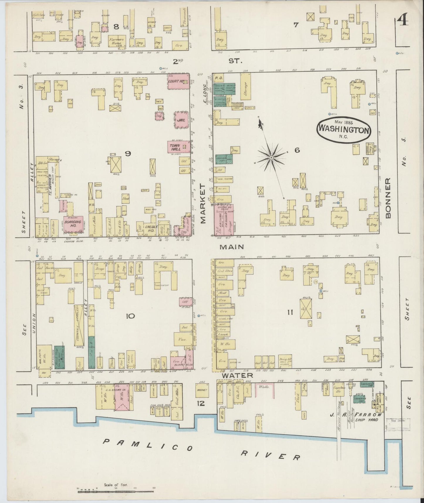 Sanborn Fire Insurance Map from Washington, Beaufort County, North Carolina (1885), Sheet #0004 - Historic Sanborn Fire Insurance Map Print, vintage old map wall art, antique decor, genealogy gift, Washington Washington map