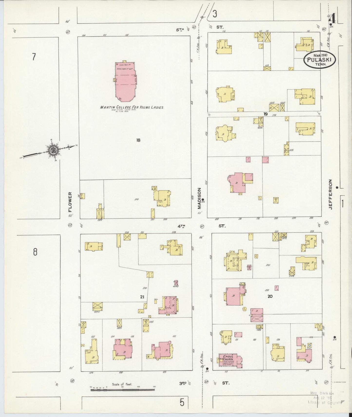 Sanborn Fire Insurance Map from Pulaski, Giles County, Tennessee (1910), Sheet #0004 - Complete Map Set gallery image, historic Sanborn map, vintage wall art, Tennessee Tennessee