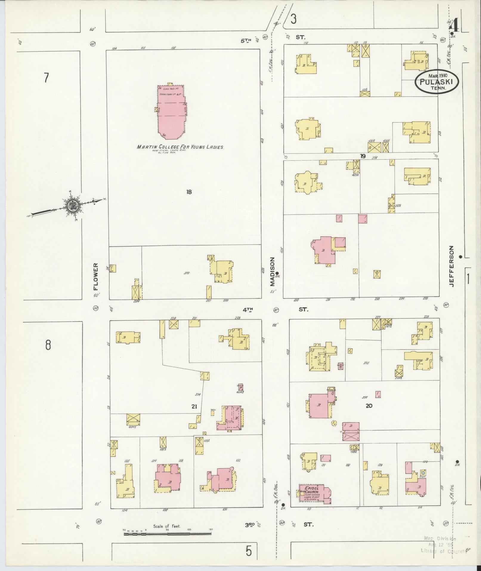 Sanborn Fire Insurance Map from Pulaski, Giles County, Tennessee (1910), Sheet #0004 - Complete Map Set gallery image, historic Sanborn map, vintage wall art, Tennessee Tennessee