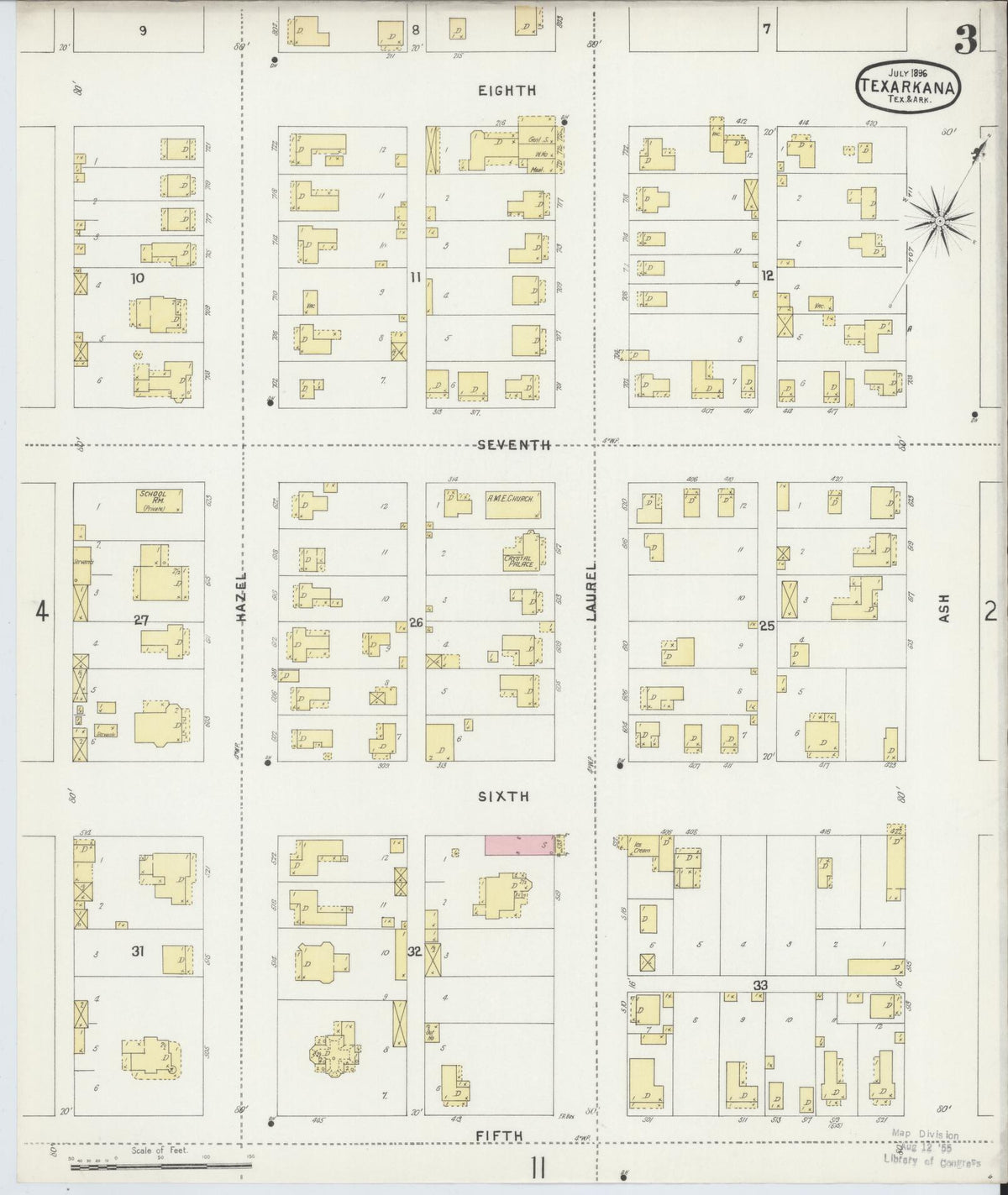 Sanborn Fire Insurance Map from Texarkana, Bowie County, Texas (1896), Sheet #0003 - Complete Map Set gallery image, historic Sanborn map, vintage wall art, Texas Texas