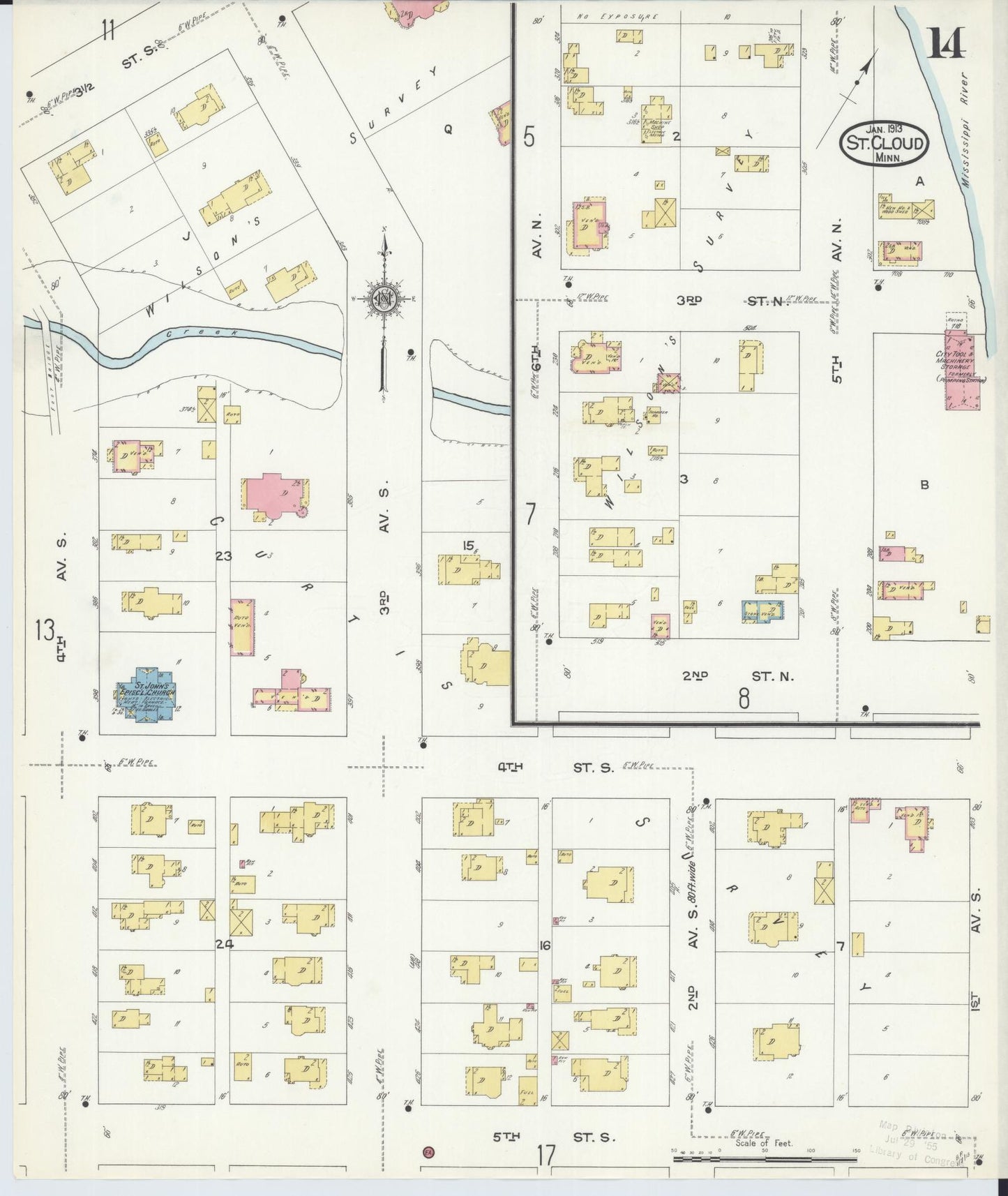 Sanborn Fire Insurance Map from Saint Cloud, Stearns, Benton, and Sherburne Counties, Minnesota (1913), Sheet #0014 - Complete Map Set gallery image, historic Sanborn map, vintage wall art, Minnesota Minnesota