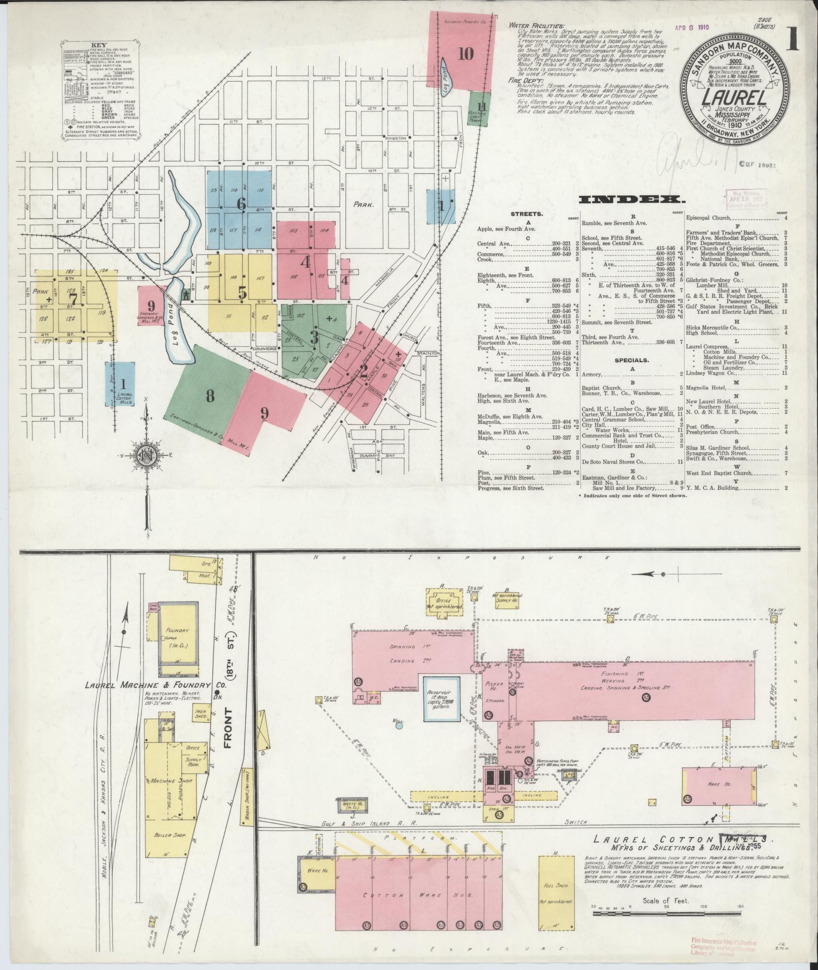 Sanborn Fire Insurance Map from Laurel, Jones County, Mississippi (1910), Sheet #0001 - Historic Sanborn Fire Insurance Map Print, vintage old map wall art, antique decor, genealogy gift, Mississippi Mississippi map