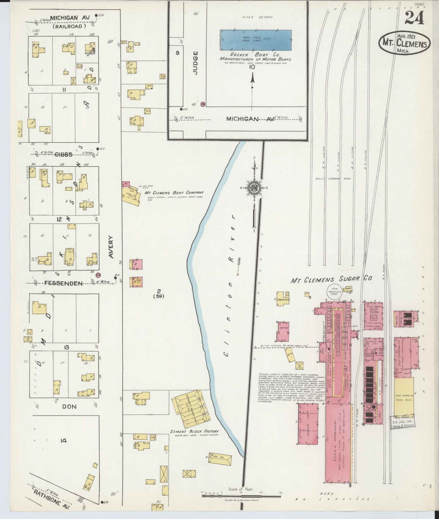 Sanborn Fire Insurance Map from Mount Clemens, Macomb County, Michigan (1921), Sheet #0024 - Historic Sanborn Fire Insurance Map Print, vintage old map wall art, antique decor, genealogy gift, Michigan Michigan map