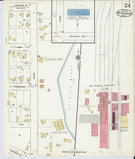 Sanborn Fire Insurance Map from Mount Clemens, Macomb County, Michigan (1921), Sheet #0024 - Historic Sanborn Fire Insurance Map Print, vintage old map wall art, antique decor, genealogy gift, Michigan Michigan map