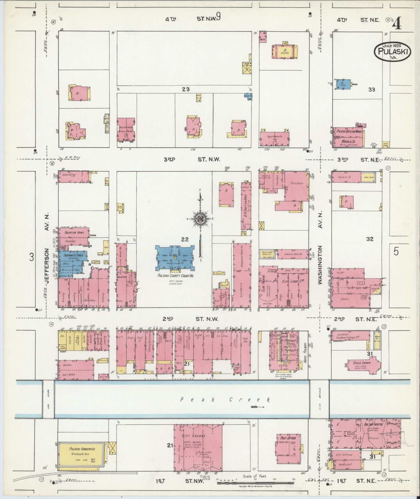 Sanborn Fire Insurance Map from Pulaski, Pulaski County, Virginia (1920), Sheet #0004 - Complete Map Set gallery image, historic Sanborn map, vintage wall art, Virginia Virginia