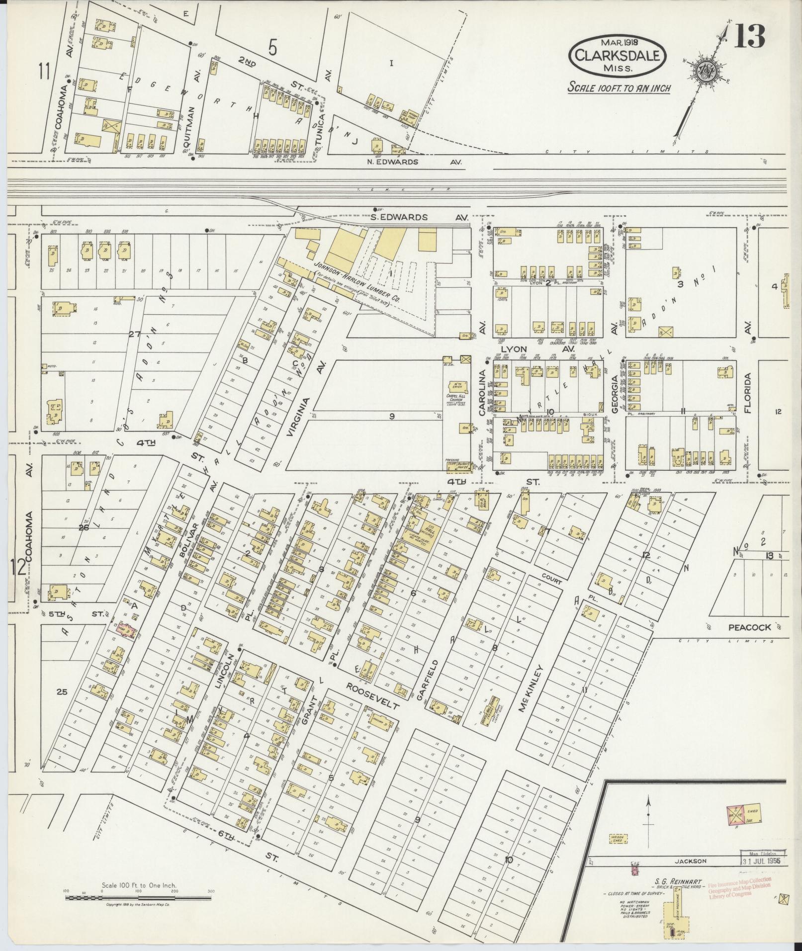 Sanborn Fire Insurance Map from Clarksdale, Coahoma County, Mississippi (1918), Sheet #0013 - Historic Sanborn Fire Insurance Map Print, vintage old map wall art, antique decor, genealogy gift, Mississippi Mississippi map