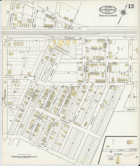 Sanborn Fire Insurance Map from Clarksdale, Coahoma County, Mississippi (1918), Sheet #0013 - Historic Sanborn Fire Insurance Map Print, vintage old map wall art, antique decor, genealogy gift, Mississippi Mississippi map