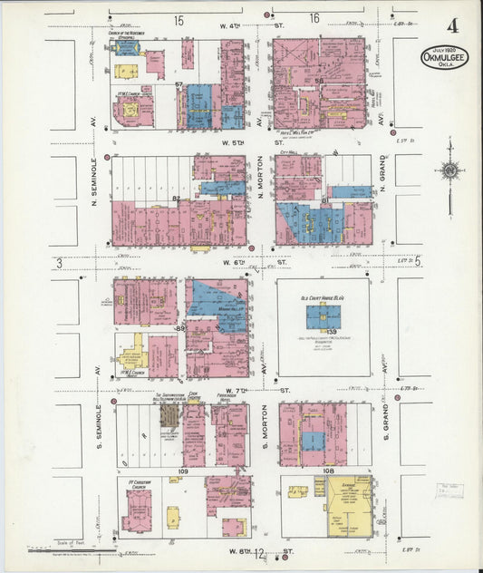 Sanborn Fire Insurance Map from Okmulgee, Okmulgee County, Oklahoma (1920), Sheet #0004 - Historic Sanborn Fire Insurance Map Print, vintage old map wall art, antique decor, genealogy gift, Oklahoma Oklahoma map