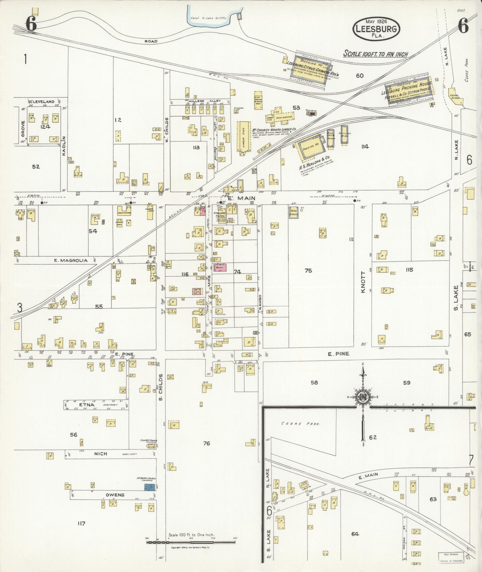 Sanborn Fire Insurance Map from Leesburg, Lake County, Florida (1924), Sheet #0006 - Complete Map Set gallery image, historic Sanborn map, vintage wall art, Florida Florida