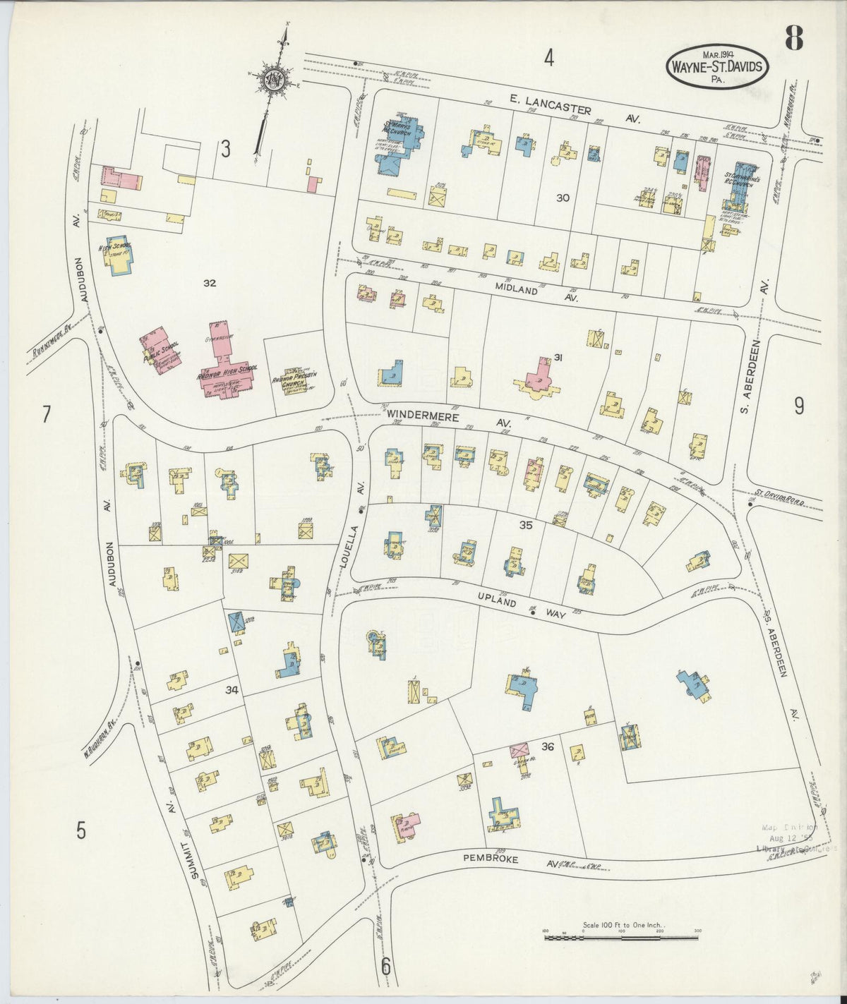 Sanborn Fire Insurance Map from Wayne, Delaware County, Pennsylvania (1914), Sheet #0008 - Historic Sanborn Fire Insurance Map Print, vintage old map wall art, antique decor, genealogy gift, Wayne Delaware map