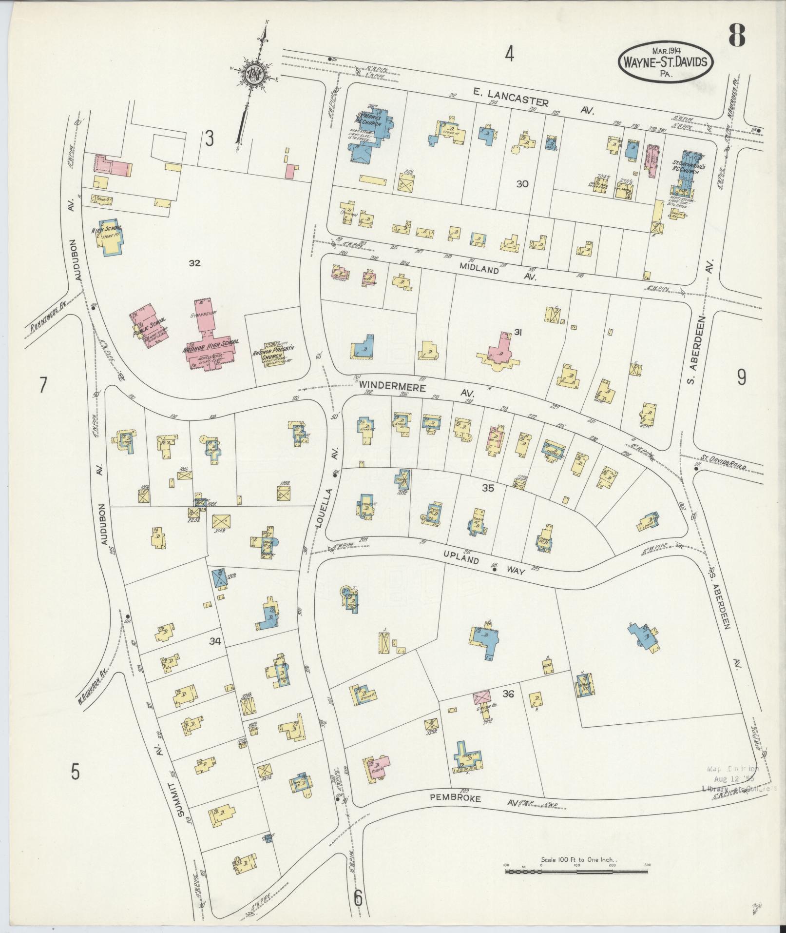 Sanborn Fire Insurance Map from Wayne, Delaware County, Pennsylvania (1914), Sheet #0008 - Historic Sanborn Fire Insurance Map Print, vintage old map wall art, antique decor, genealogy gift, Wayne Delaware map