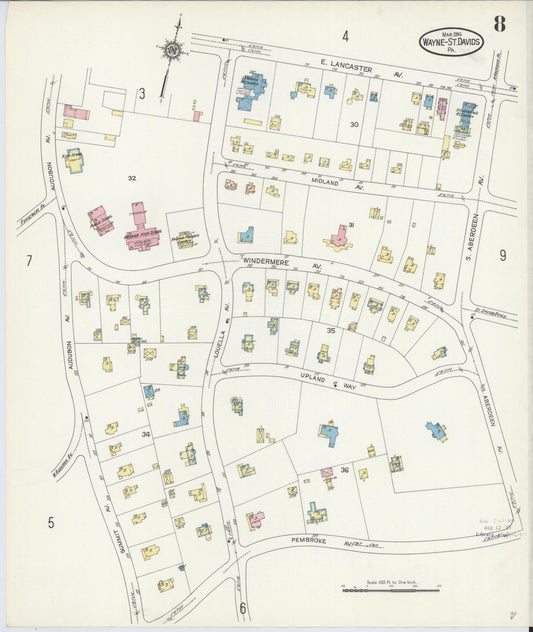 Sanborn Fire Insurance Map from Wayne, Delaware County, Pennsylvania (1914), Sheet #0008 - Historic Sanborn Fire Insurance Map Print, vintage old map wall art, antique decor, genealogy gift, Wayne Delaware map