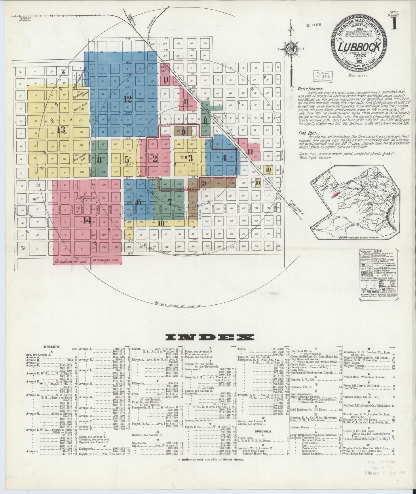 Sanborn Fire Insurance Map from Lubbock, Lubbock County, Texas (1921), Sheet #0001 - Historic Sanborn Fire Insurance Map Print, vintage old map wall art, antique decor, genealogy gift, Texas Texas map