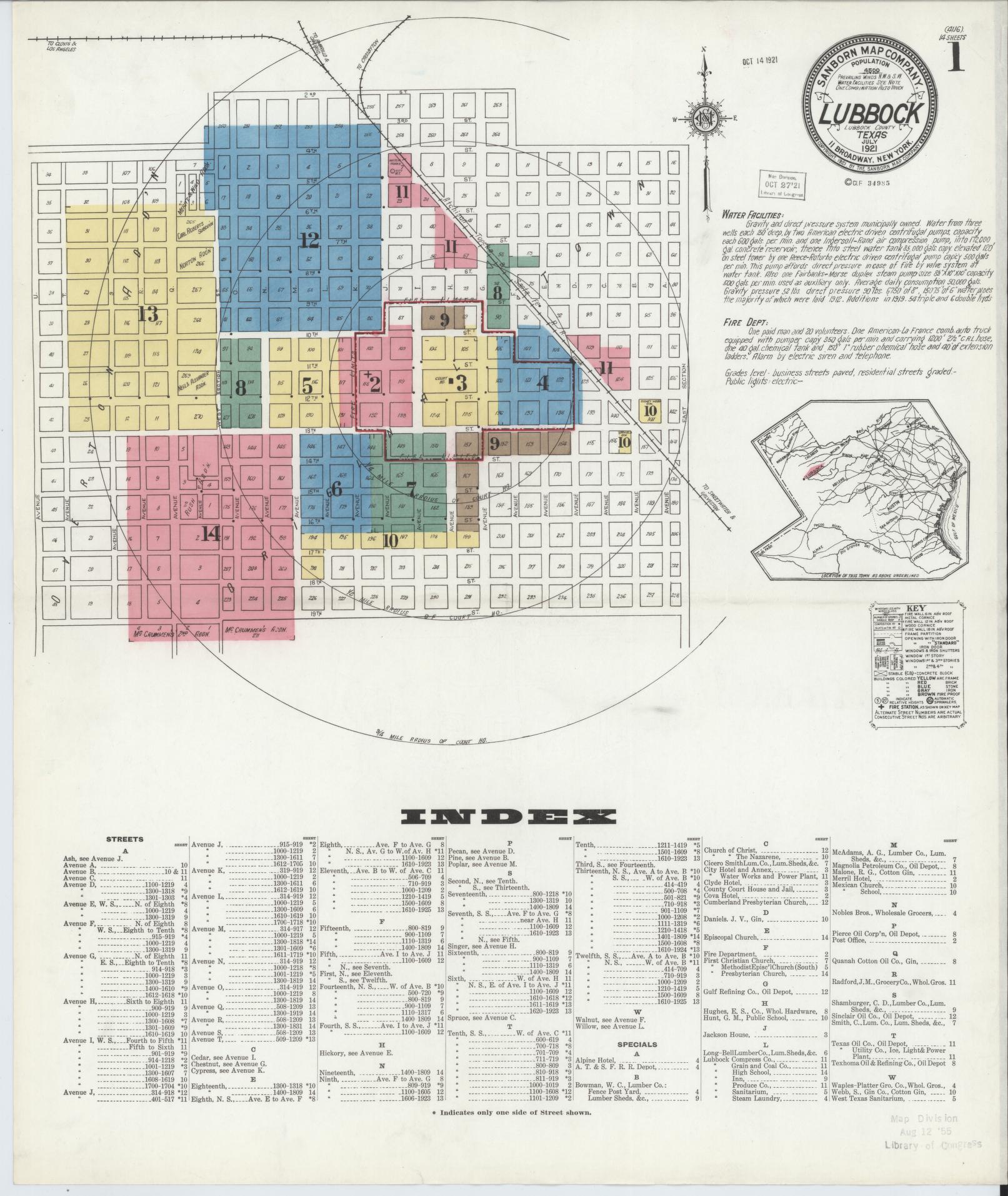 Sanborn Fire Insurance Map from Lubbock, Lubbock County, Texas (1921), Sheet #0001 - Historic Sanborn Fire Insurance Map Print, vintage old map wall art, antique decor, genealogy gift, Texas Texas map