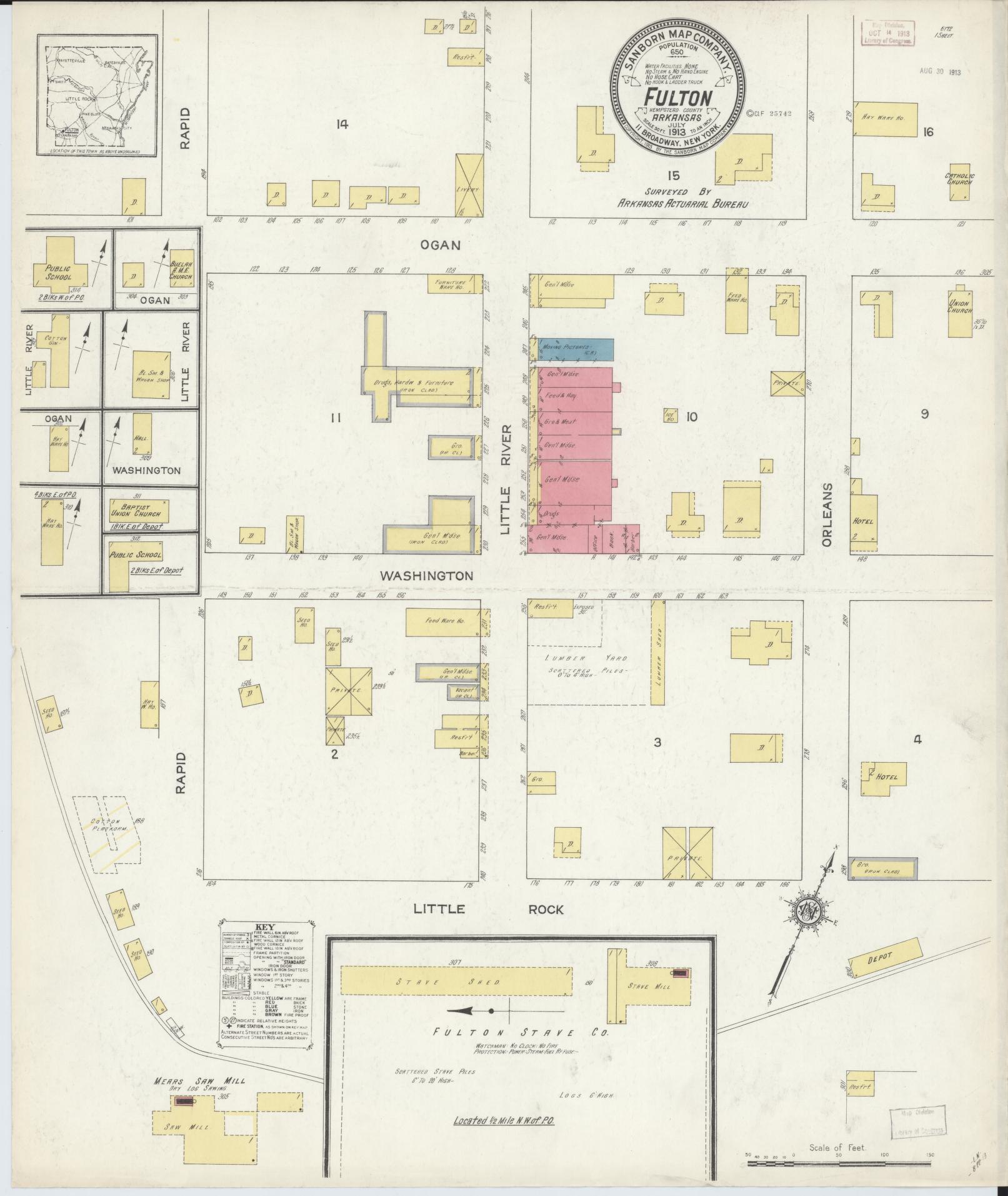 Sanborn Fire Insurance Map from Fulton, Hempstead County, Arkansas (1913), Sheet #0001 - Historic Sanborn Fire Insurance Map Print, vintage old map wall art, antique decor, genealogy gift, Arkansas Arkansas map
