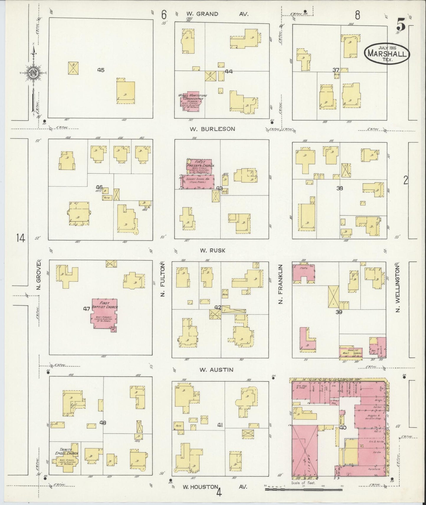 Sanborn Fire Insurance Map from Marshall, Harrison County, Texas (1915), Sheet #0005 - Historic Sanborn Fire Insurance Map Print, vintage old map wall art, antique decor, genealogy gift, Texas Texas map