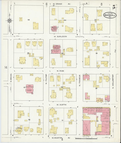 Sanborn Fire Insurance Map from Marshall, Harrison County, Texas (1915), Sheet #0005 - Historic Sanborn Fire Insurance Map Print, vintage old map wall art, antique decor, genealogy gift, Texas Texas map